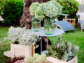 Glasvasen mit Blumen stehen auf einem Tisch im Garten.