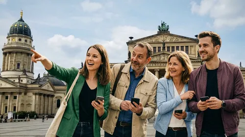 Gruppe besichtigt historischen Platz mit Handys.
