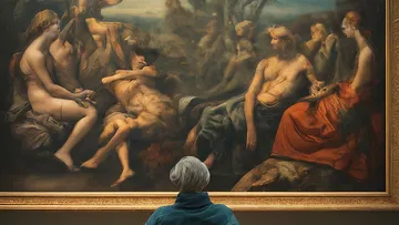 Woman admires classical painting in a gallery.