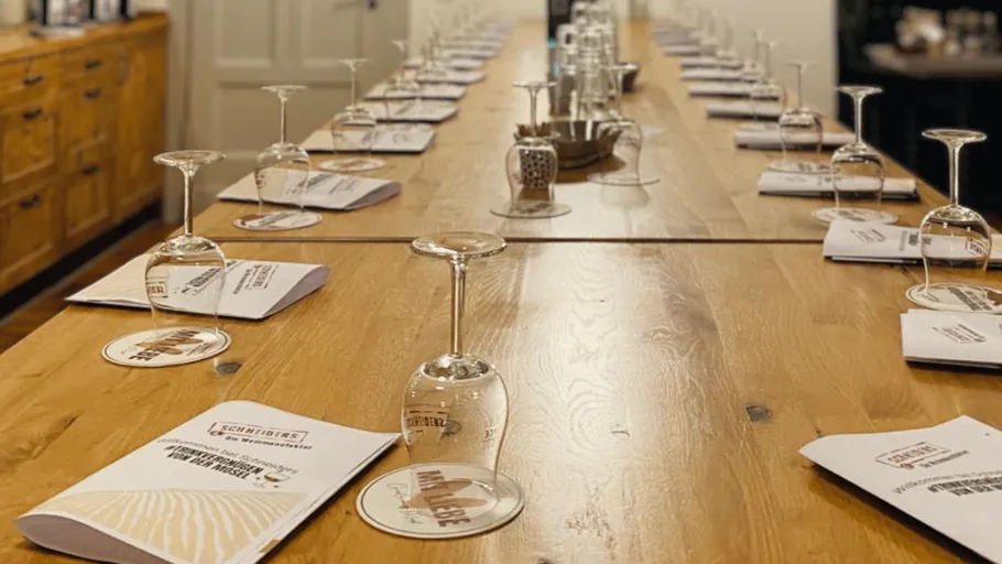 Umgedrehte Weingläser auf Holztisch.