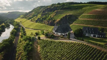 Vineyard stretches across hillside near river.
