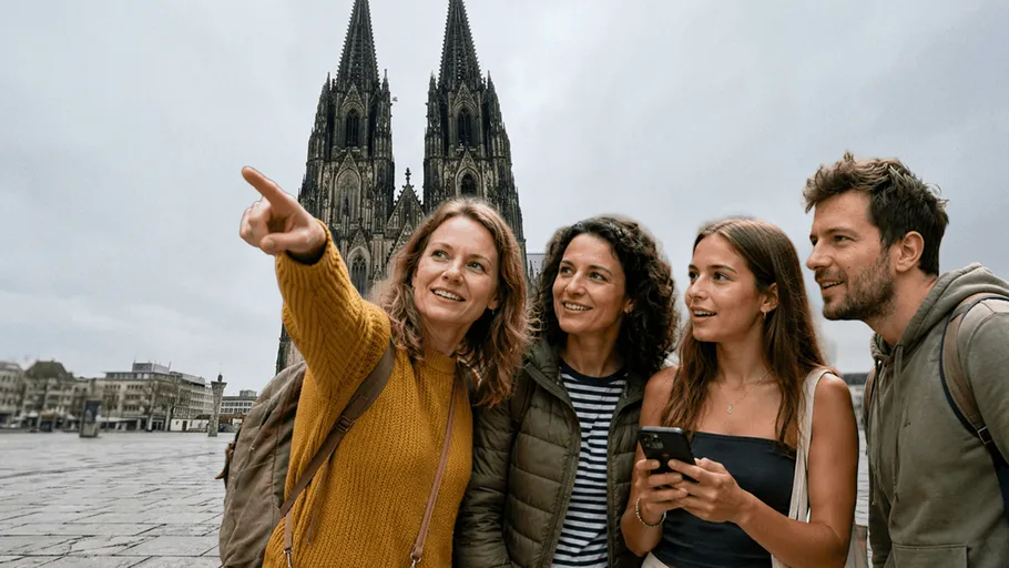 Vier Personen bewundern ikonische Kathedrale.