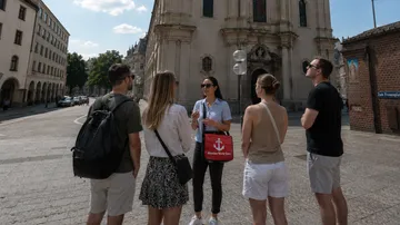 Reiseführer leitet Gruppe vor historischem Gebäude.