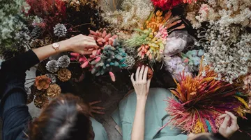 Personen ordnen bunte Trockenblumen an.