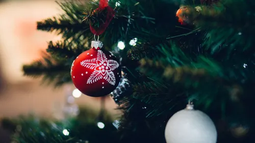 Roter Schmuck an Weihnachtsbaum hängend.