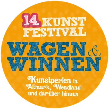 Festival logo with bold text, orange background.