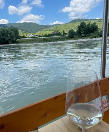 Wine glass on table by water.