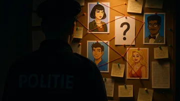 Detective examining suspect board in dark room.