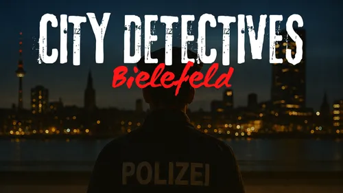 Police officer faces city skyline at night.