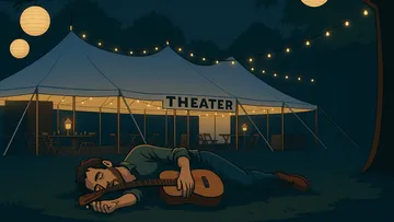 Mann schläft mit Gitarre vor Theaterzelt.