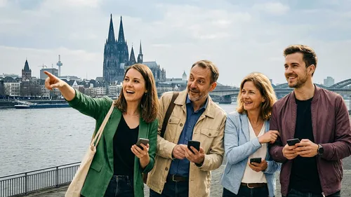Gruppe zeigt nahe Kölner Dom.