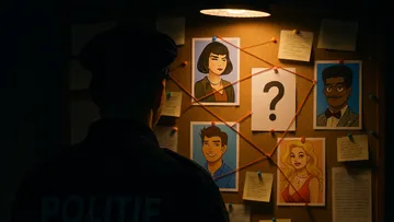 Detective analyzing suspects on evidence board.