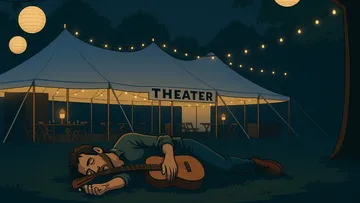 Man sleeps with guitar near theater tent.