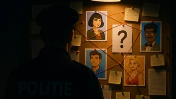 Detective inspects suspect board with photos.
