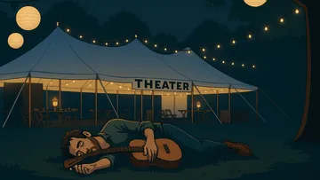 Man sleeping with guitar near theater tent.