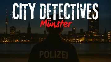 Polizist blickt nachts auf Stadt-Skyline.
