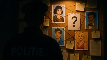 Detective examines suspect board, dimly lit room.