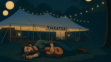Mann schläft mit Gitarre vor Theatertent.
