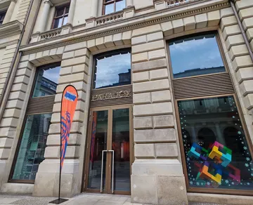 Museum entrance with modern window display.