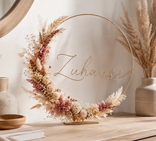 Floral wreath on shelf, text "Zuhause" inside.