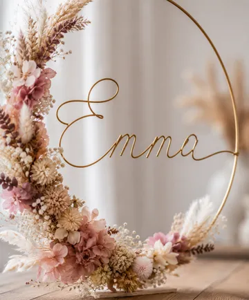 Blumenkranz mit Name 'Emma' auf Tisch.