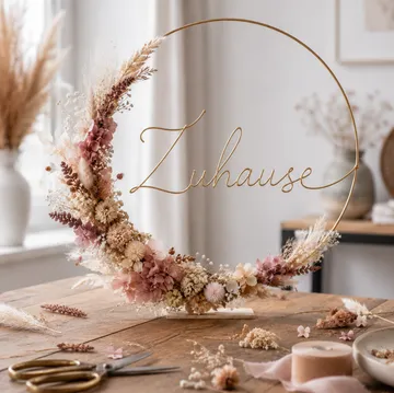 Blumenkranz mit 'Zuhause' Text auf Tisch.