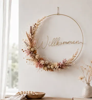 Blumenkranz hängt an Wand mit "Willkommen."