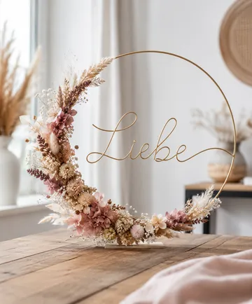 Blumenkranz mit 'Liebe' auf Holztisch.