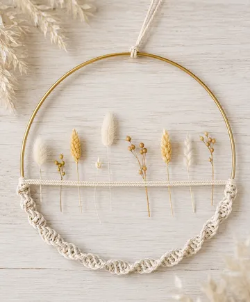 Dried plants arranged on round macrame frame.