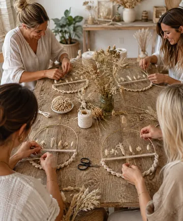 Frauen basteln mit Blumenkränzen am Tisch.