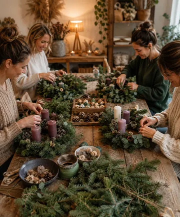 Women crafting wreaths at wooden table.