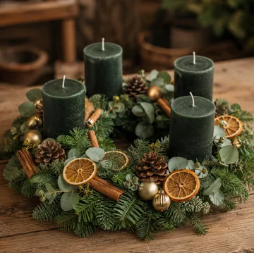 Green candles in a Christmas wreath, wooden table.