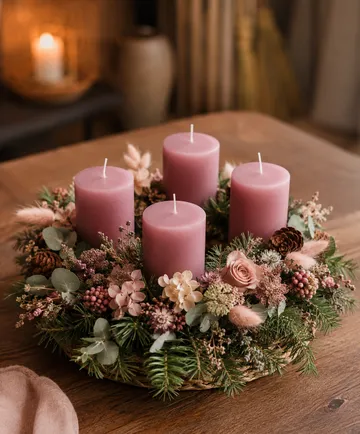 Four purple candles on decorative wreath.