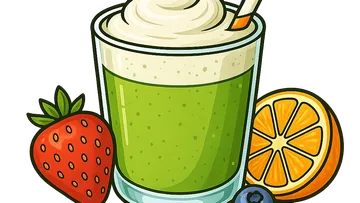 Green smoothie with fruits, cartoon style.