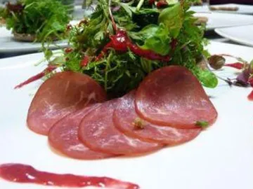 Scheibe von Fleisch neben frischem, buntem Salat auf Teller.