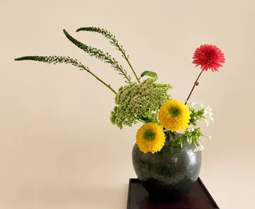 Blumen in schwarzer Vase drinnen arrangiert.