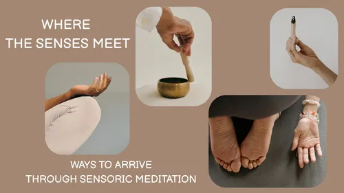 Collage of meditation poses and tools.