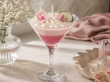 Cocktail with whipped cream, flowers, lime slice.