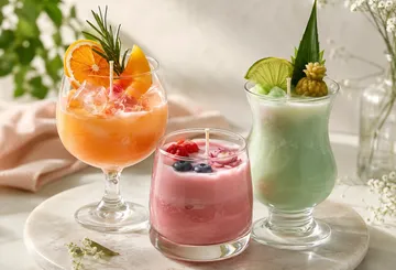 Three colorful candles in cocktail glasses.