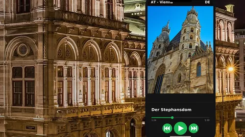 Gothic cathedral in music streaming app interface.