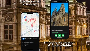 Smartphones displaying map and tourist guide.