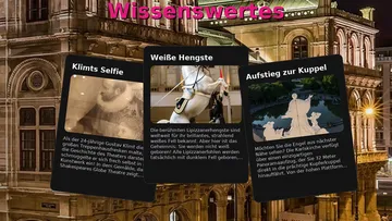 Three info cards over building background.