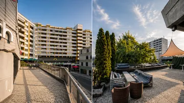 Links: Gebäude, rechts: Dachterrassenszene.