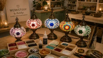 Colorful mosaic lamps on a workshop table.