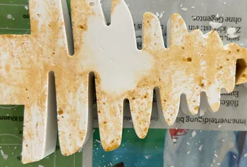 Ceramic tree-shaped object with stains, on paper.