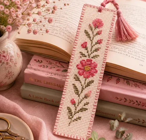 Blumen-Lesezeichen auf gestapelten rosa Büchern.