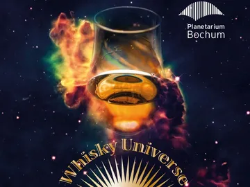 Glass of whiskey floats in a galactic, colorful background.