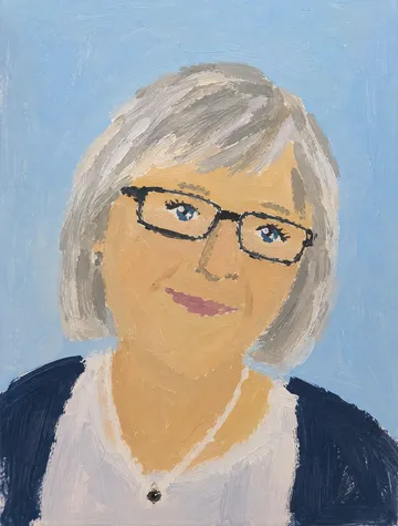 Painting of woman with glasses smiling.
