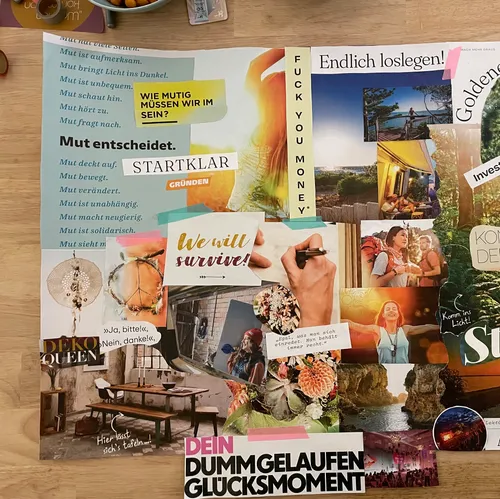 Collage mit inspirierenden Texten und Bildern über Mut und Veränderungen.