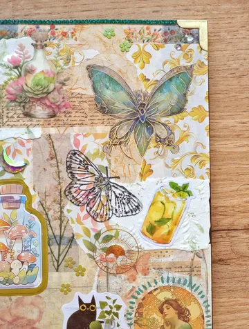 Collage mit Schmetterlingen, Blumen und Vintage-Bildern.